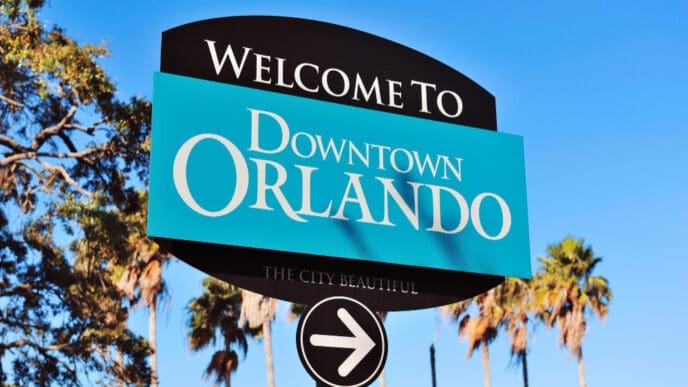 Welcome to Downtown Orlando sign on the road