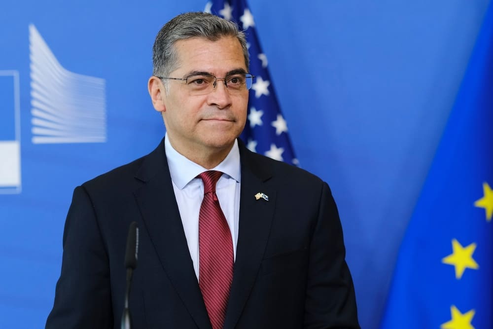 Xavier Becerra, US Secretary of Health and Human Services speak during a press conference at the EU headquarters in Brussels, Belgium on May 17, 2023. By Shutterstock - Alexandros Michailidis