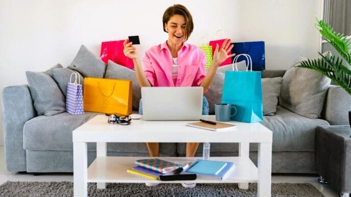 Young happy woman purchasing a lot of goods