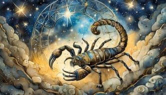 An artistic illustration of a large, detailed scorpion with bronze and blue tones, set against a dark, starry, cosmic background with a prominent astrological wheel and swirling nebulae in gold and blue.
