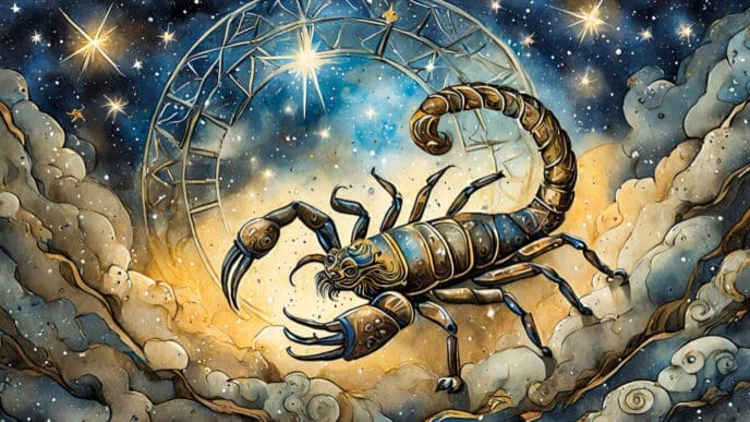 An artistic illustration of a large, detailed scorpion with bronze and blue tones, set against a dark, starry, cosmic background with a prominent astrological wheel and swirling nebulae in gold and blue.