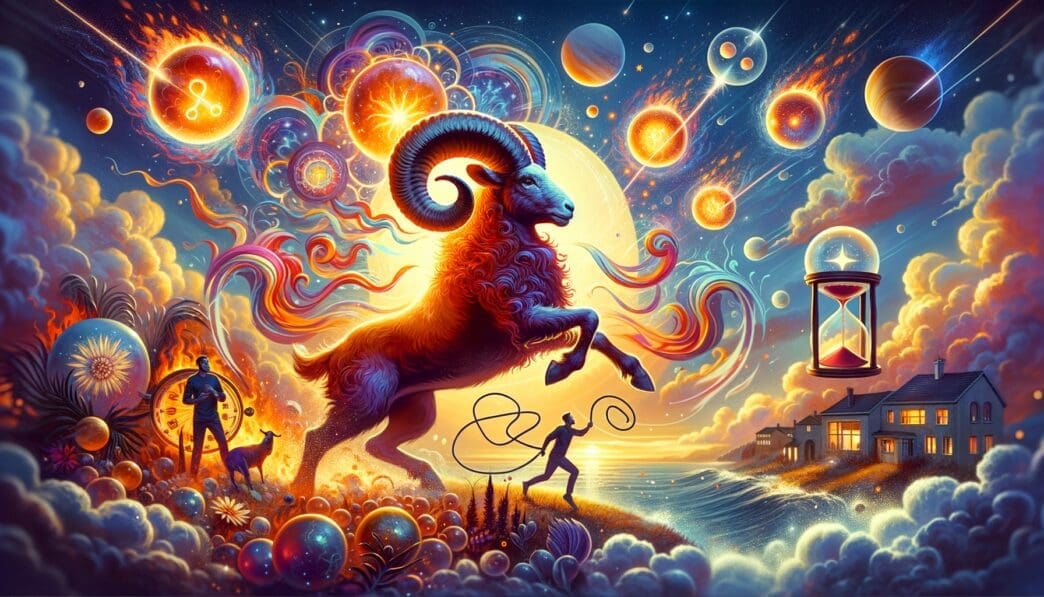 Fantastical, vibrant digital art of the Aries ram leaping across a cosmic beachscape filled with planets, clouds, and glowing orbs.