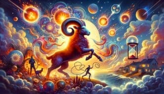 Fantastical, vibrant digital art of the Aries ram leaping across a cosmic beachscape filled with planets, clouds, and glowing orbs.