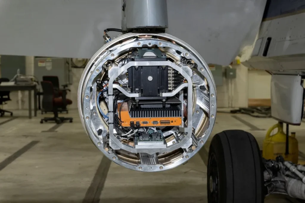 Psionic Space Navigation Doppler Lidar (PSNDL) system installed in a testing pod on a NASA F/A-18 research aircraft ahead of February 2025 flight tests at NASA’s Armstrong Flight Research Center in Edwards, California.