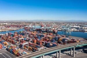 Aerial view of San Pedro port, CA, US. Vincent Thomas Bridge in the foreground.