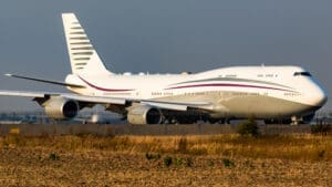 Amiri Flight Boeing 747-8 at sunset in Kyiv Boryspil airport. By Shutterstock.com - Oleksandr Naumenko
