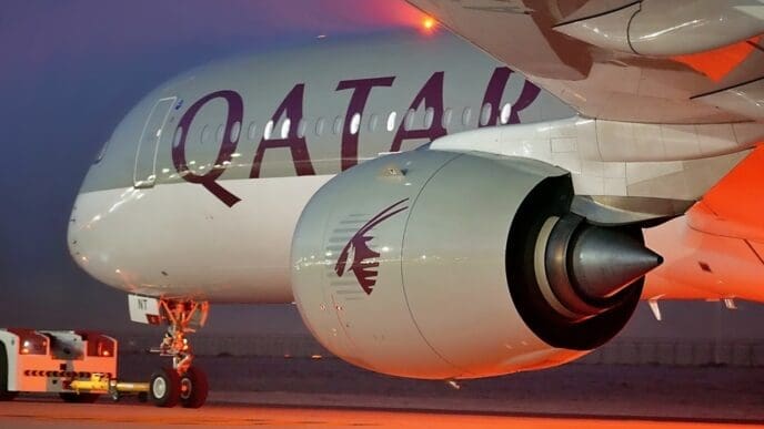 Dubai, UAE - Nov 20th 2023 A Qatar Airways A350 is tugged to its display location at the 2023 Dubai Airshow at dusk
