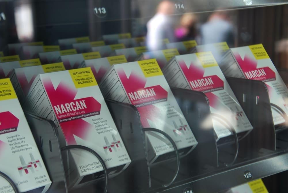 Littleton New Hampshire - April 9 2024 The first Naloxone vending machine in New Hampshire distributes doses of Naloxone, best known by the brand name Narcan