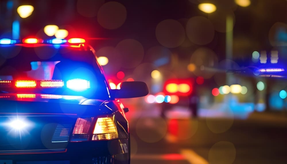 Police cars at night. Police car chasing a car at night. 911 Emergency response police car speeding to scene of crime. Selective focus on cars.