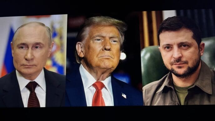 Toronto, Canada - April 5, 2025 - Images of the president Donald Trump, Volodymyr Zelenskyy and Vladimir Putin side by side
