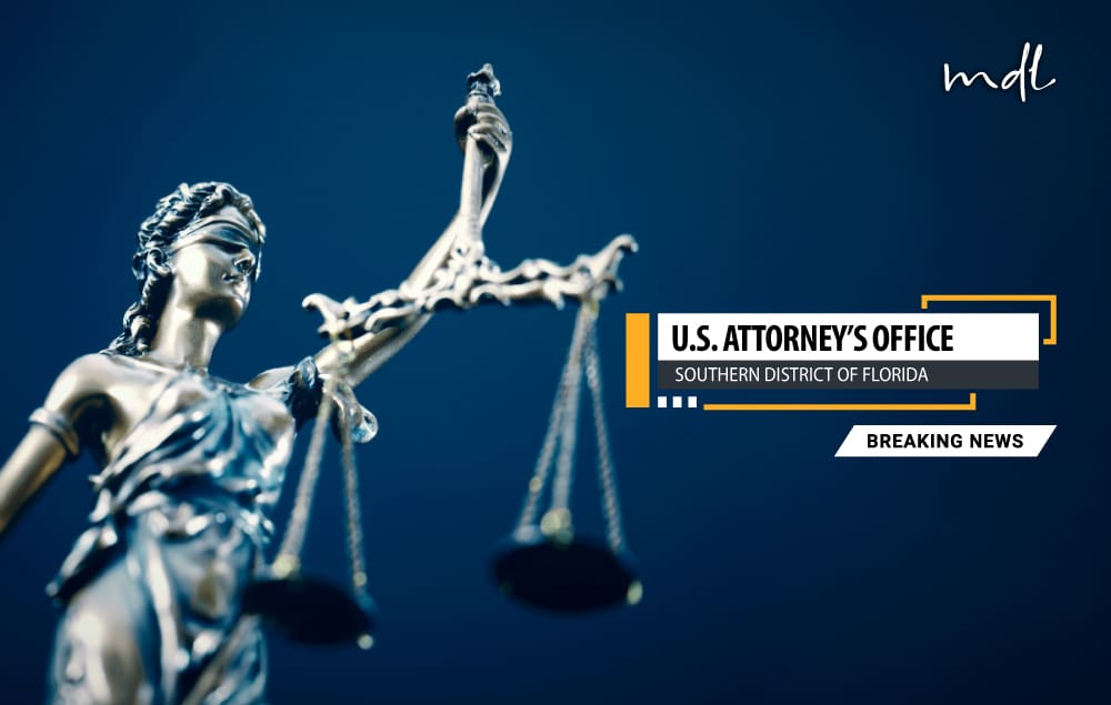 A statue of Lady Justice holding her scales on a blue background, with a text overlay reading: "U.S. Attorney's Office, Southern District of Florida, Breaking News."
