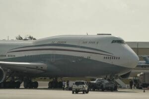 WEST PALM BEACH, FLORIDA - FEBRUARY 16, 2024 Boeing 747 formerly owned by Qatar's royal family on tarmac at Palm Beach International Airport. US President Donald Trump toured plane on February 15th