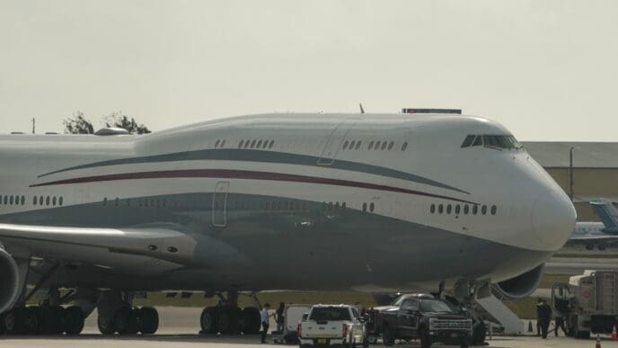 WEST PALM BEACH, FLORIDA - FEBRUARY 16, 2024 Boeing 747 formerly owned by Qatar's royal family on tarmac at Palm Beach International Airport. US President Donald Trump toured plane on February 15th