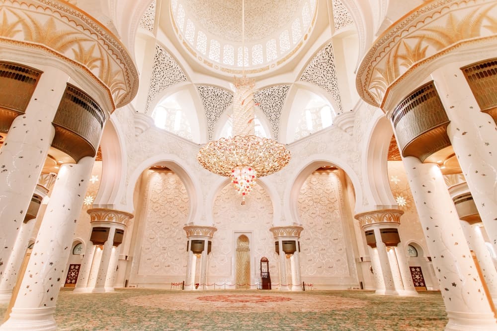 Abu-Dhabi, UAE - January 29, 2019: Famous Sheikh Zayed mosque in United Arab Emirates. Interior of Mosque.