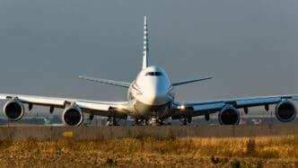 KYIV, UKRAINE - SEPTEMBER 13, 2019: Qatar - Amiri Flight Boeing 747-8KB(BBJ) at sunset in Kyiv Boryspil airport