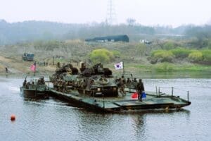 On April 8, 2016, South Korean and U.S. military engineering units hold a joint training exercise around the Imjin River in Gyeonggi Province, South Korea.