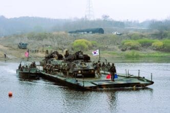 On April 8, 2016, South Korean and U.S. military engineering units hold a joint training exercise around the Imjin River in Gyeonggi Province, South Korea.
