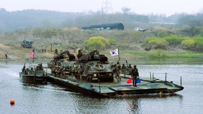 On April 8, 2016, South Korean and U.S. military engineering units hold a joint training exercise around the Imjin River in Gyeonggi Province, South Korea.
