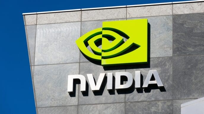 Nvidia logo and sign on headquarters building - Santa Clara, California, USA - 2021