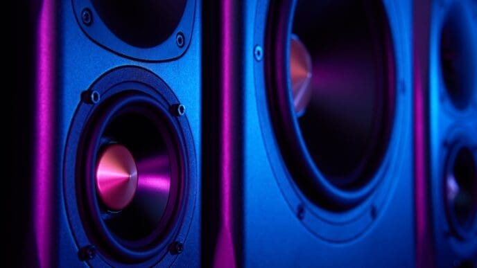 Two sound speakers and subwoofer on dark background with neon lights. Set for listening music. Audio equipment