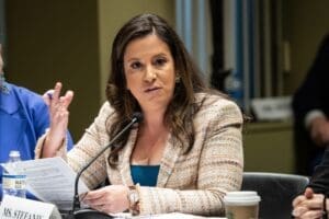 Congresswoman Elise Stefanik (R) speaks during House Judiciary Committee field hearing on New York City violent crimes at Javits Federal Building in New York City on April 17, 2023