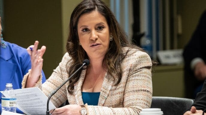 Congresswoman Elise Stefanik (R) speaks during House Judiciary Committee field hearing on New York City violent crimes at Javits Federal Building in New York City on April 17, 2023