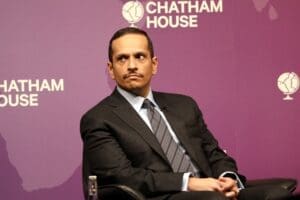 London UK - February 17 2022: Qatar’s foreign affairs minister Sheikh Mohammed Bin Abdulrahman Al-Thani speaking at Chatham House