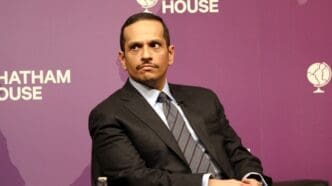 London UK - February 17 2022: Qatar’s foreign affairs minister Sheikh Mohammed Bin Abdulrahman Al-Thani speaking at Chatham House