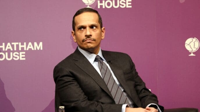London UK - February 17 2022: Qatar’s foreign affairs minister Sheikh Mohammed Bin Abdulrahman Al-Thani speaking at Chatham House