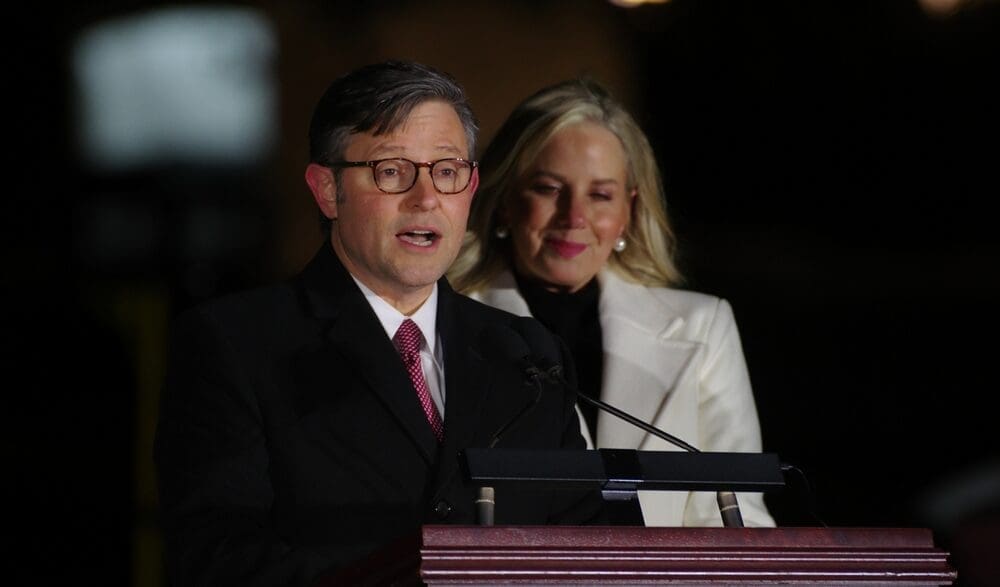 WASHINGTON, DC - November 28, 2023: House Speaker Mike Johnson (R-La.) speaks at the lighting of the Capitol Christmas Tree alongside his wife, Kelly Johnson.