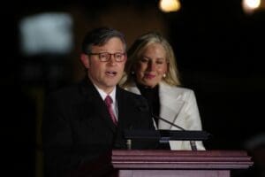 WASHINGTON, DC - November 28, 2023: House Speaker Mike Johnson (R-La.) speaks at the lighting of the Capitol Christmas Tree alongside his wife, Kelly Johnson.