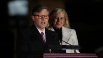 WASHINGTON, DC - November 28, 2023: House Speaker Mike Johnson (R-La.) speaks at the lighting of the Capitol Christmas Tree alongside his wife, Kelly Johnson.