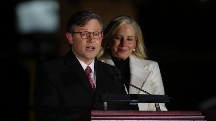 WASHINGTON, DC - November 28, 2023: House Speaker Mike Johnson (R-La.) speaks at the lighting of the Capitol Christmas Tree alongside his wife, Kelly Johnson.