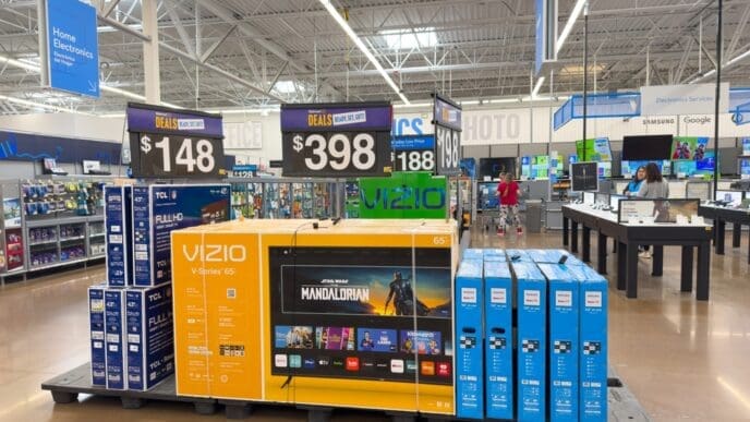 Los Angeles, CA - Dec 17, 2023: Vizio and TCL flat panel televisions on display in center of an isle at Walmart store.