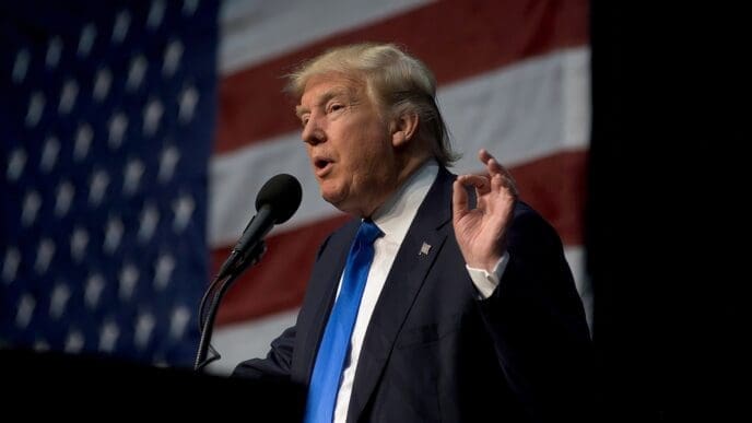 SIOUX CITY, IOWA, USA - NOVEMBER 6, 2016. Donald Trump speaking to his supporters at the “Make America Great Again” rally in the Sioux City Iowa convention center.