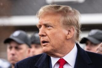 Donald Trump speaks to the press after attending wake for NYPD officer Jonathan Diller at Massapequa Funeral Home in Massapequa Park, NY on March 28, 2024