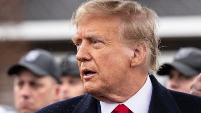 Donald Trump speaks to the press after attending wake for NYPD officer Jonathan Diller at Massapequa Funeral Home in Massapequa Park, NY on March 28, 2024