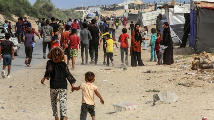 UAE planes drop humanitarian aid on displaced people's tents in Al-Mawasi, west of Khan Yunis city in the southern Gaza Strip, on Oct 17, 2024.