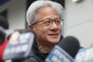 Jensen Huang, NVIDIA founder and CEO and C.W Tsai, SPIL chairman, answer questions after the opening ceremony of new Taiwan factory in Taichung city, Taiwan on Jan 16, 2025.