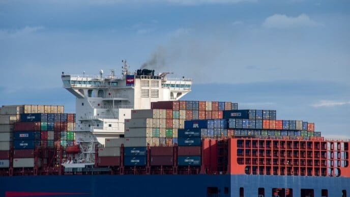 Strait of Juan de Fuca, Canada - USA. 2025 March 3: American President Lines APL cargo ship Yangshan crossing the strait from the USA to Victoria British Columbia, Canada.