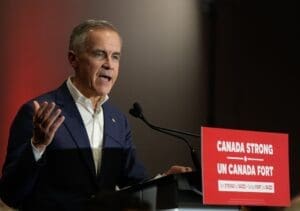 Canada's Liberal Party leader, Mark Carney, attends a federal election campaign rally at Sheraton Vancouver Airport Hotel in Richmond, British Columbia, Canada, on April 7, 2025.