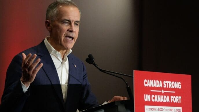 Canada's Liberal Party leader, Mark Carney, attends a federal election campaign rally at Sheraton Vancouver Airport Hotel in Richmond, British Columbia, Canada, on April 7, 2025.