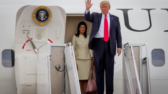 President Donald Trump disembarks Air Force One in Ronkonkoma, NY, Friday, July 28, 2017.