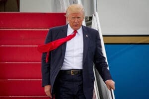 President Donald Trump disembarks Air Force One in Ronkonkoma, NY, Friday, July 28, 2017.