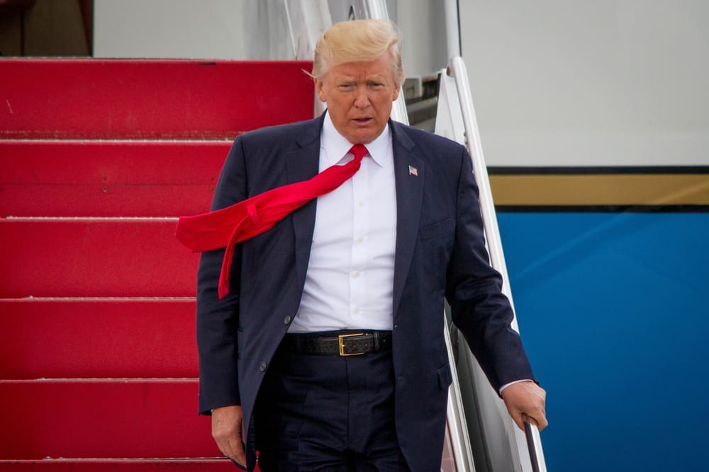 President Donald Trump disembarks Air Force One in Ronkonkoma, NY, Friday, July 28, 2017.