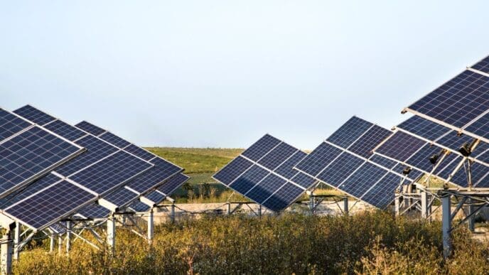 A solar power station's photovoltaic panels set against a natural background