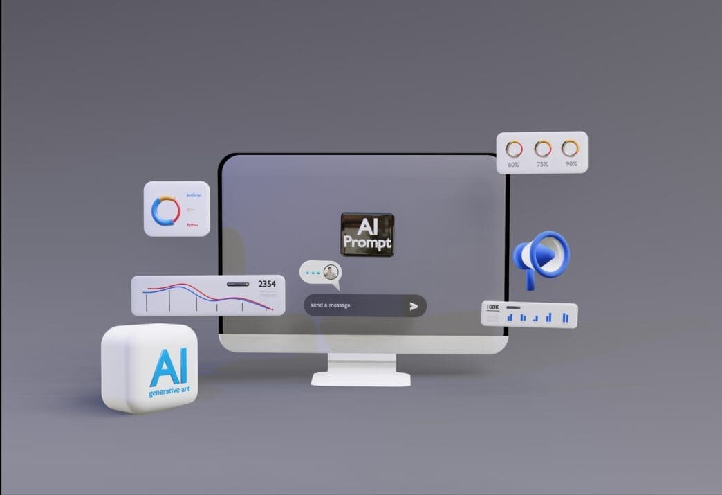 A 3D rendering of a desktop computer monitor displaying an "AI Prompt" interface. Various floating icons surround it, including a megaphone, pie charts, line graphs, and a cube labeled "AI generative art," symbolizing AI-powered advertising tools.