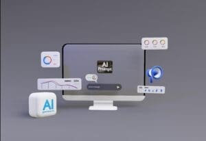 A 3D rendering of a desktop computer monitor displaying an "AI Prompt" interface. Various floating icons surround it, including a megaphone, pie charts, line graphs, and a cube labeled "AI generative art," symbolizing AI-powered advertising tools.