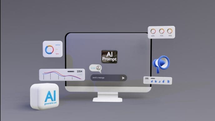 A 3D rendering of a desktop computer monitor displaying an "AI Prompt" interface. Various floating icons surround it, including a megaphone, pie charts, line graphs, and a cube labeled "AI generative art," symbolizing AI-powered advertising tools.