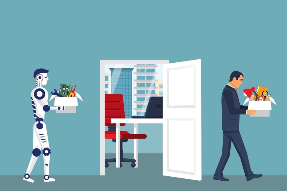 A vector illustration showing a humanoid robot carrying a box of tools walking towards an office, while a human businessman carrying a box of personal items walks away from the office through an open door, symbolizing job replacement by AI.